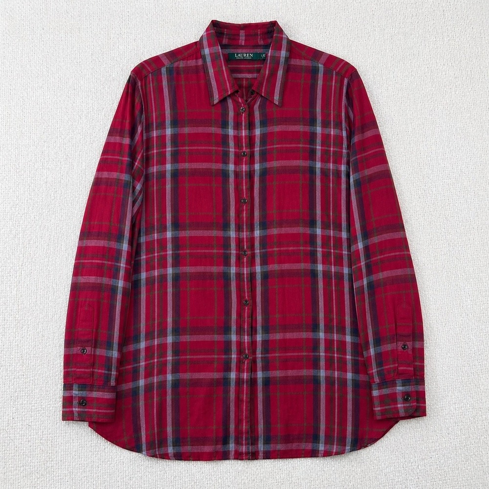 Lauren Ralph Lauren Red Plaid Viscose Button Down Shirt Womens Large Long Sleeve
